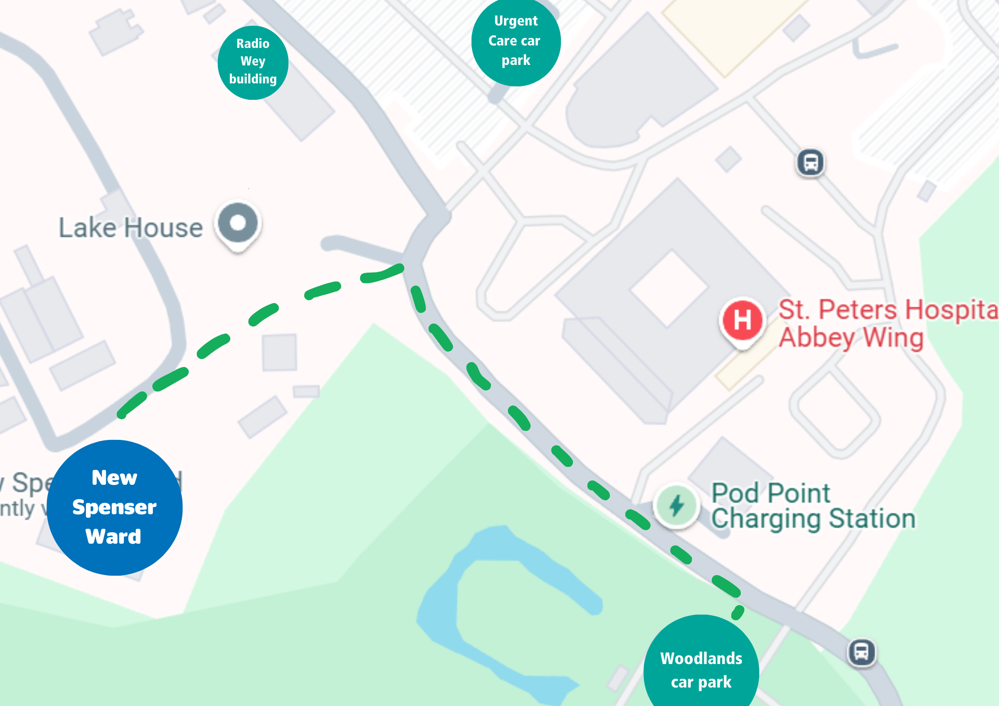 Pedestrian map to New Spenser Ward from the Woodlands car park